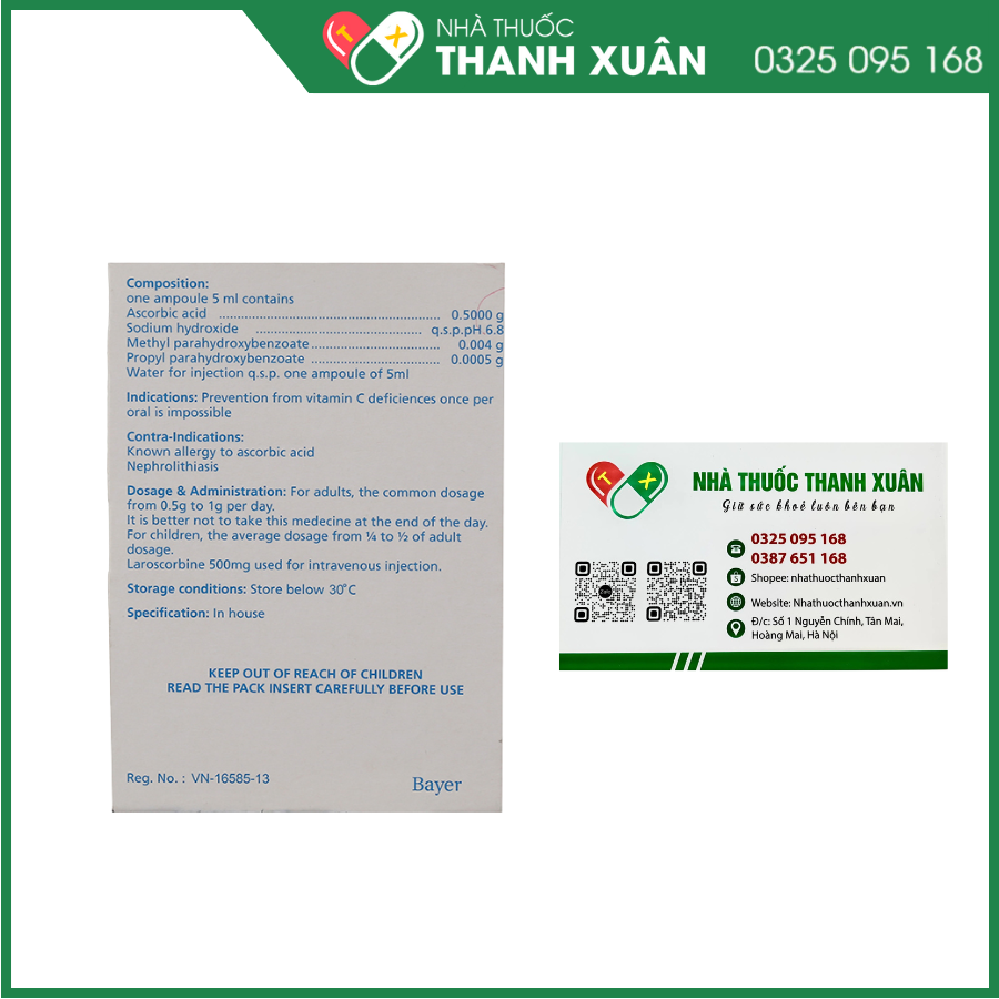 Dung dịch tiêm Laroscorbine 500mg/5ml ngừa thiếu vitamin C (6 ống x 5ml)